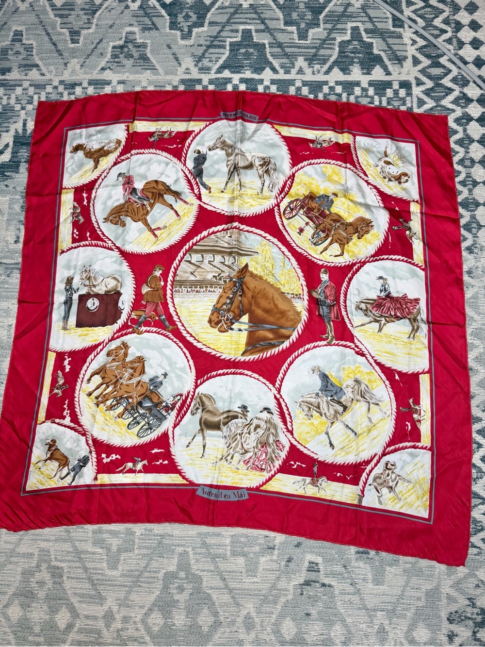 Hermes Paris Red Horse Equestrian Silk Scarf.